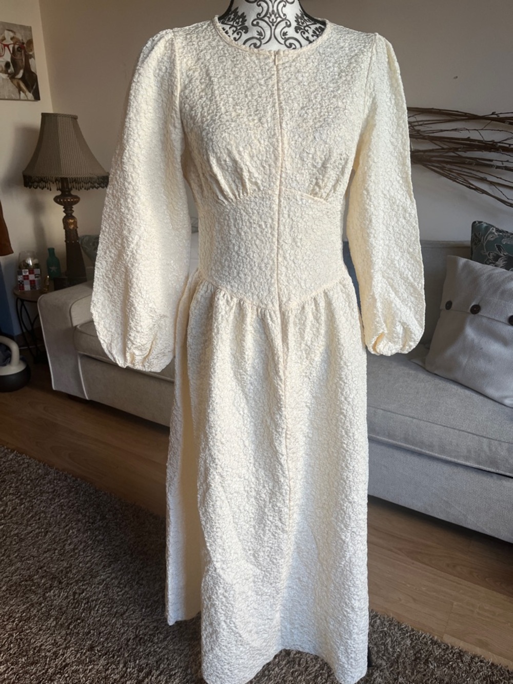 Ivory Textured Long Sleeve Midi Dress